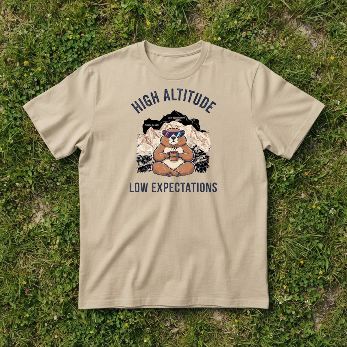Funny Marmot Mont Blanc T-Shirt, Hiking Humor, High Altitude Low Expectations Tee