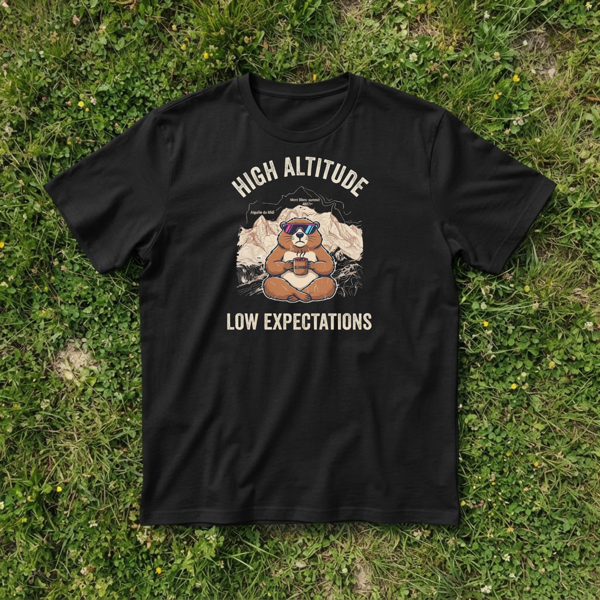 Funny Marmot Mont Blanc T-Shirt, Hiking Humor, High Altitude Low Expectations Tee