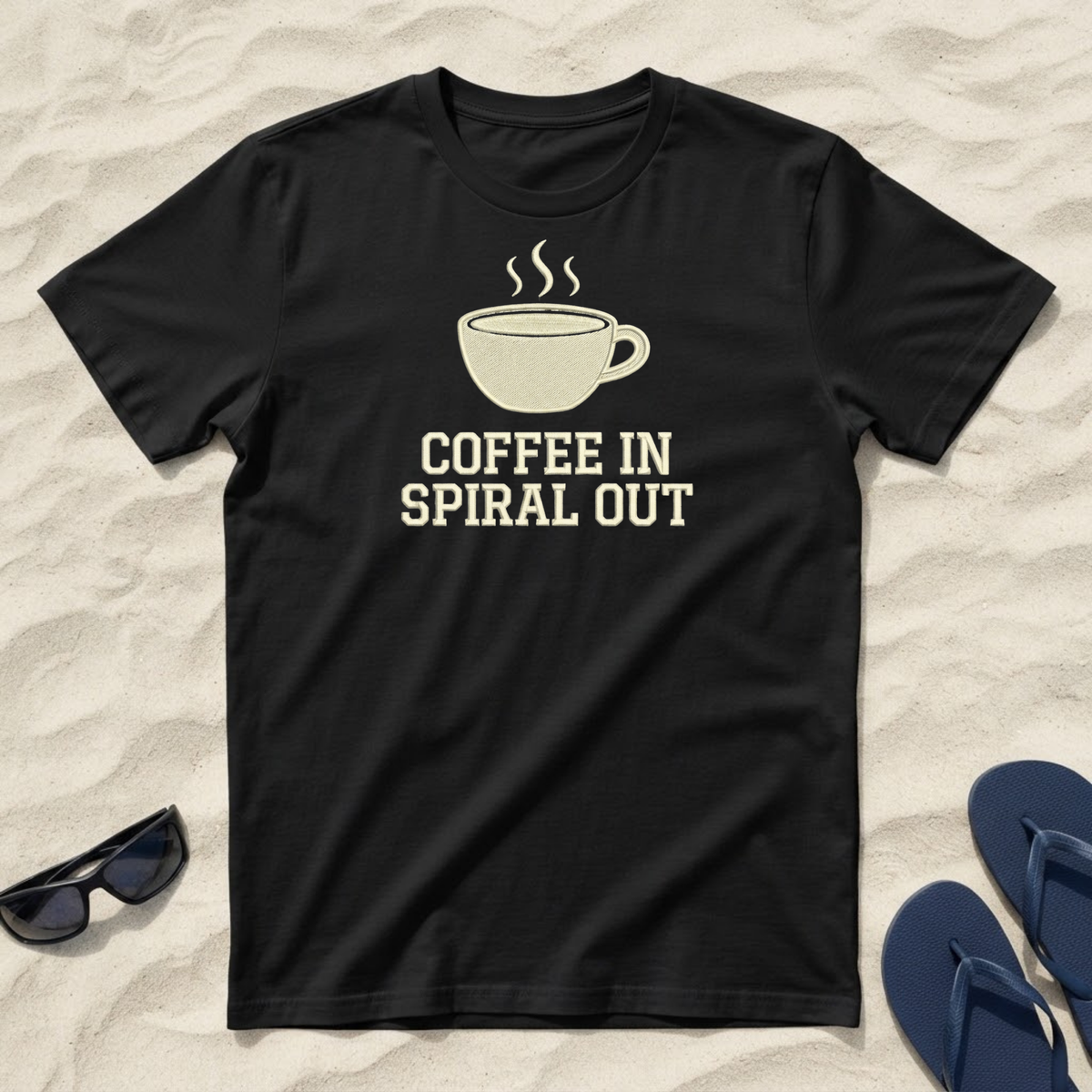 Coffee Spiral Out T-Shirt, Embroidered Patch Style Graphic Tee, Caffeine Humor